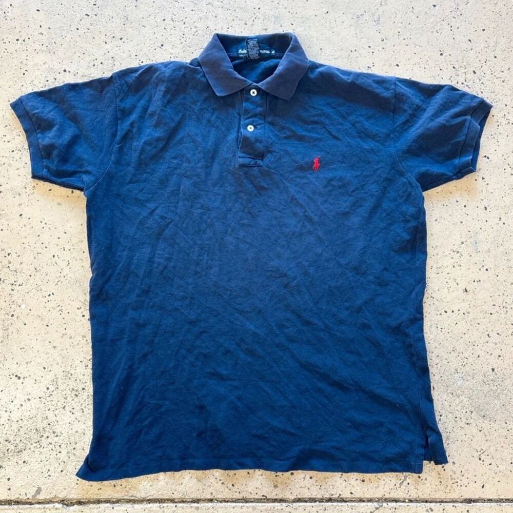 Vintage 80s Polo Ralph Lauren Made in USA Pique Polo Shirt Blue Red Pony L